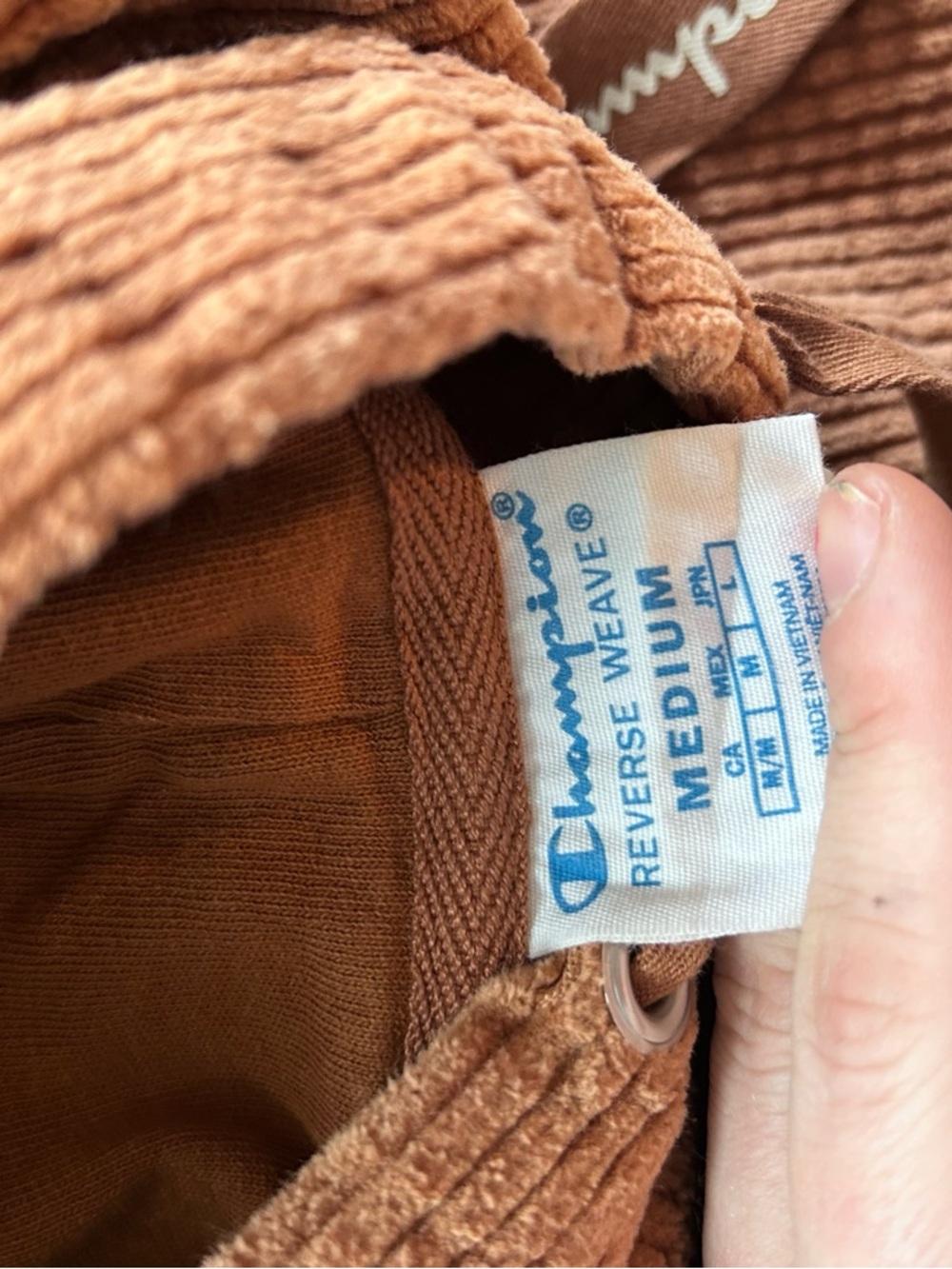 Champion Rust Brown Cropped Corduroy Hoodie with White Panels - Picture 6 of 7